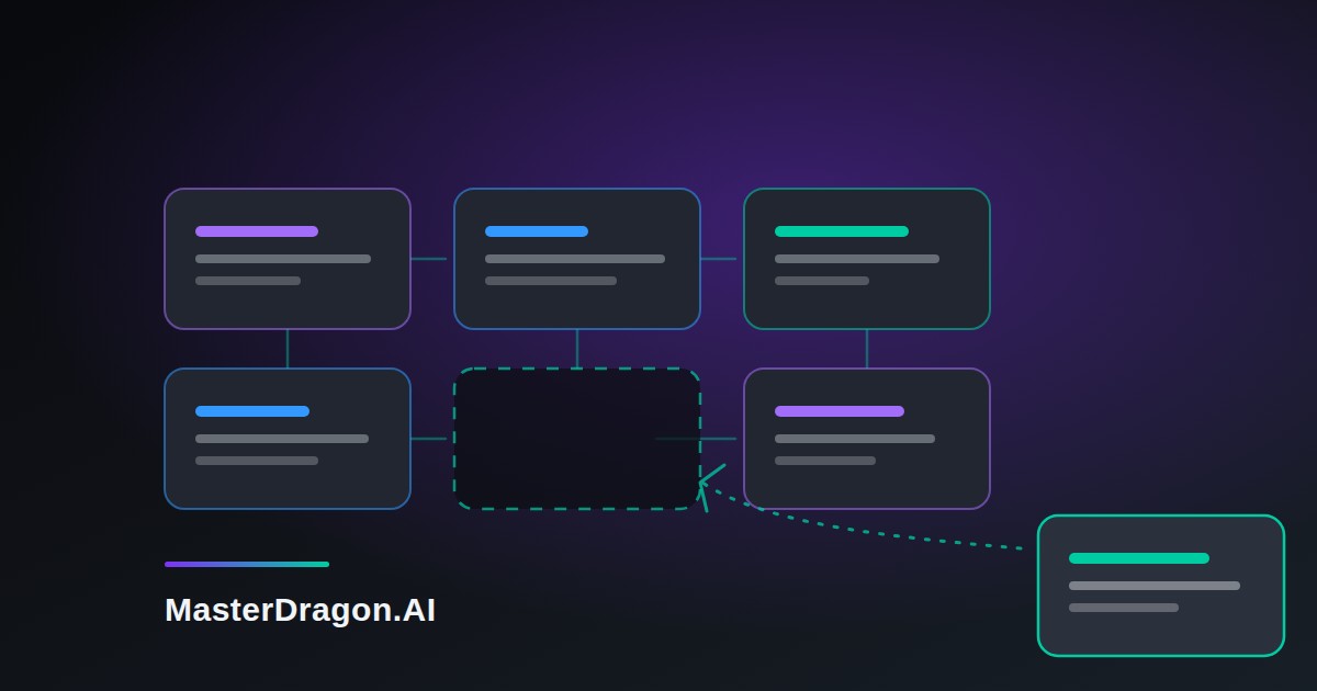 A grid of system blocks connected at their seams, with one block removed and a replacement ready to snap into the empty slot, with MasterDragon branding